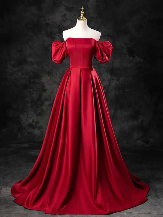 Burgundy Satin Off the Shoulder Formal Dress, A-Line Burgundy Evening Dress  TP272