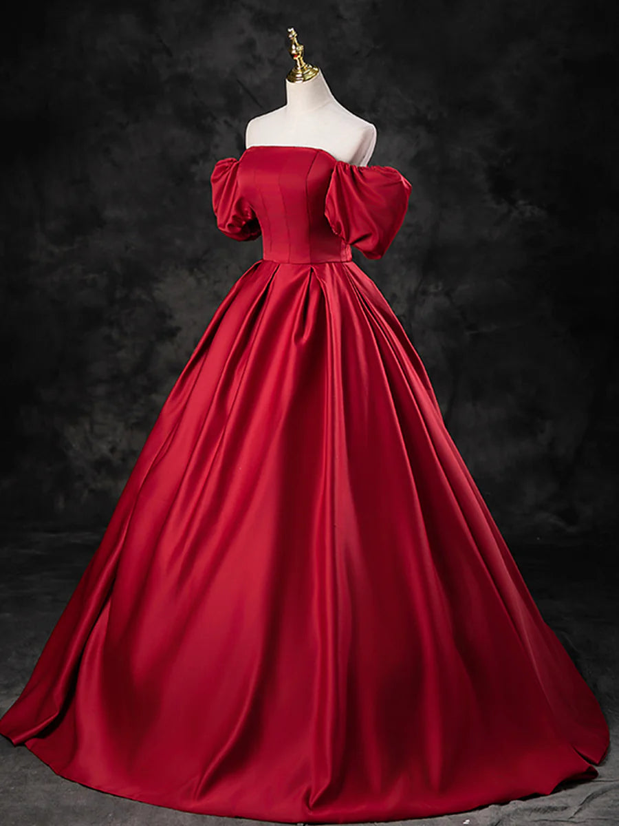Burgundy Satin Off the Shoulder Formal Dress, A-Line Burgundy Evening Dress  TP272