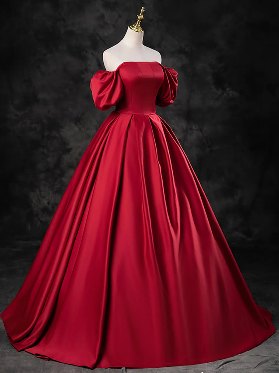 Burgundy Satin Off the Shoulder Formal Dress, A-Line Burgundy Evening Dress  TP272