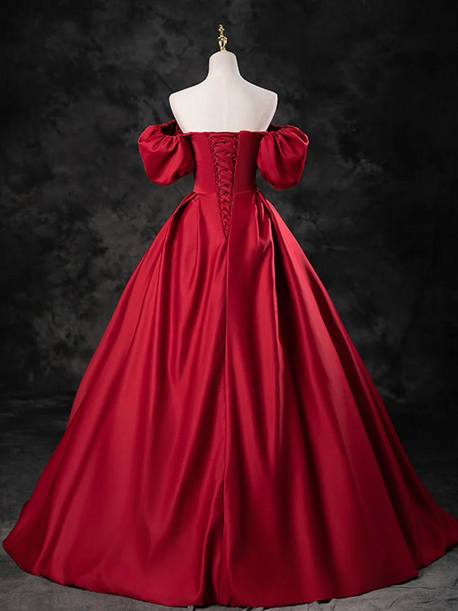 Burgundy Satin Off the Shoulder Formal Dress, A-Line Burgundy Evening Dress  TP272