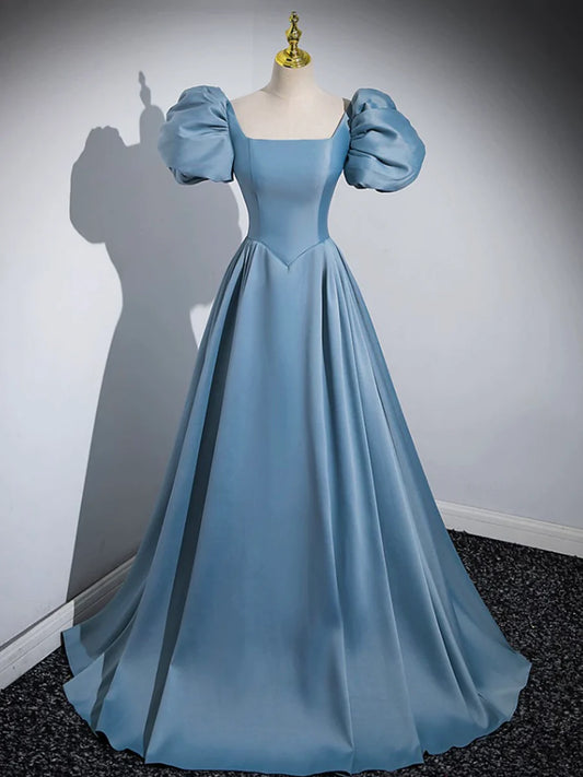 Blue Puff Sleeve Satin Floor Length Prom Dress, Blue A-Line Evening Party Dress  TP274