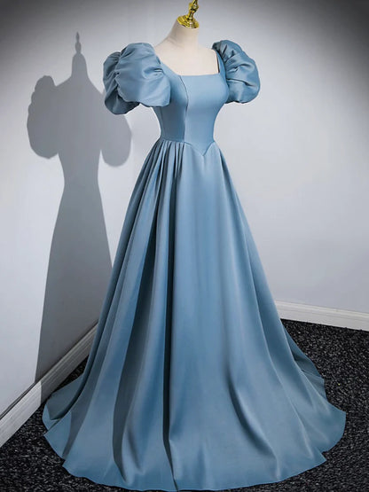 Blue Puff Sleeve Satin Floor Length Prom Dress, Blue A-Line Evening Party Dress  TP274