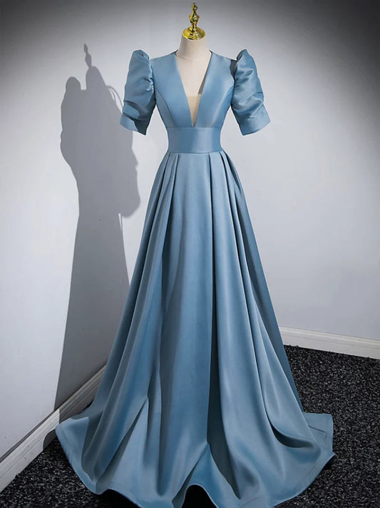 Blue Floor Length V-Neck Satin Prom Dress, Simple A-Line Evening Dress  TP275