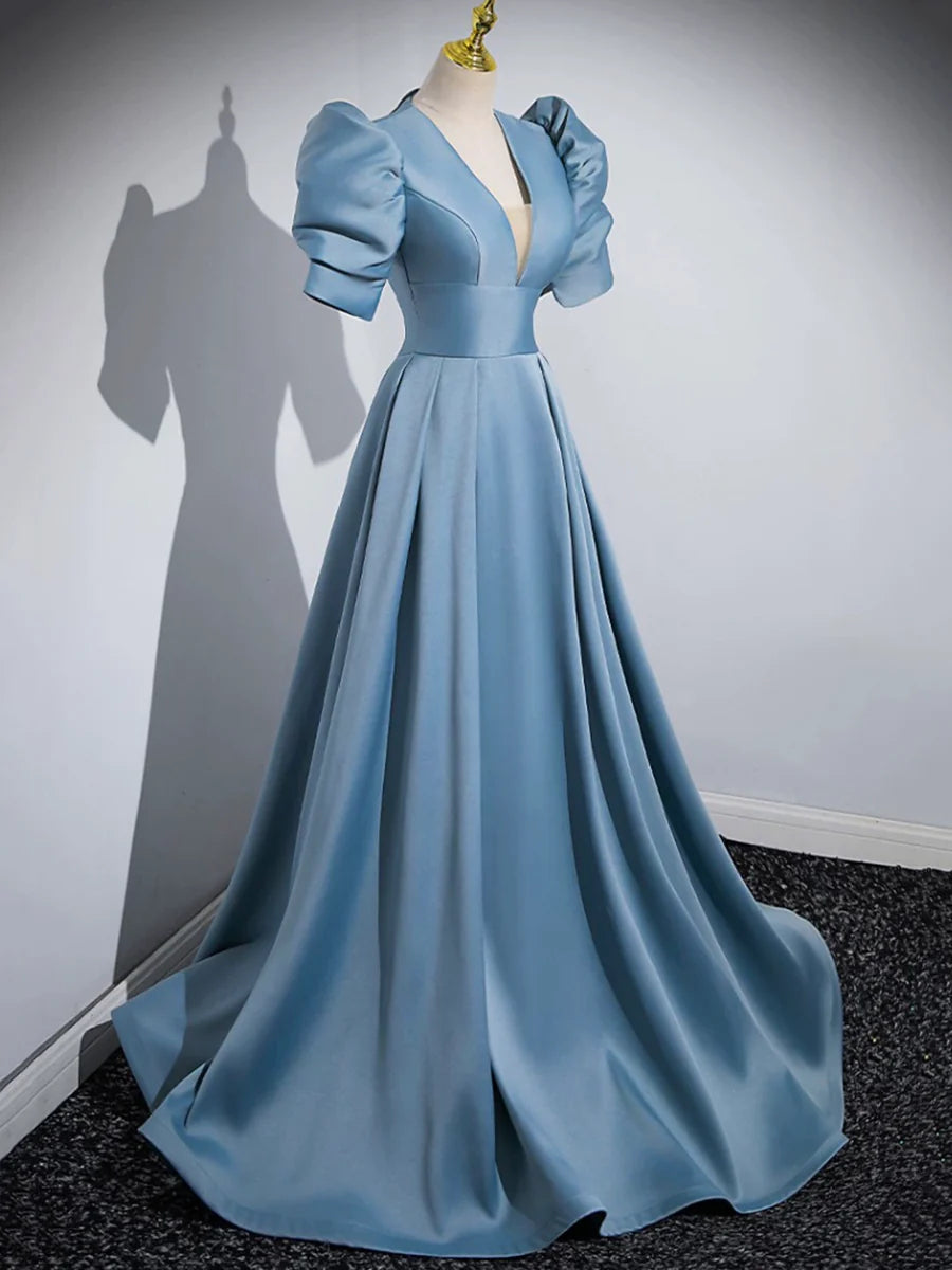 Blue Floor Length V-Neck Satin Prom Dress, Simple A-Line Evening Dress  TP275