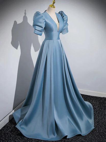 Blue Floor Length V-Neck Satin Prom Dress, Simple A-Line Evening Dress  TP275
