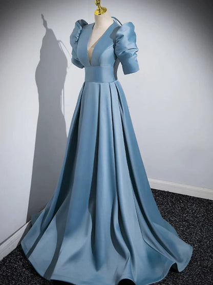 Blue Floor Length V-Neck Satin Prom Dress, Simple A-Line Evening Dress  TP275