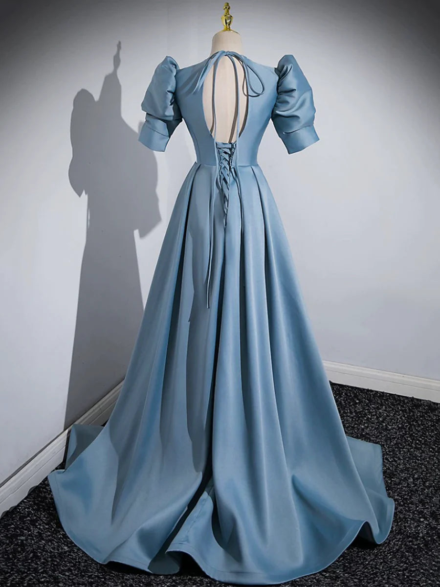 Blue Floor Length V-Neck Satin Prom Dress, Simple A-Line Evening Dress  TP275
