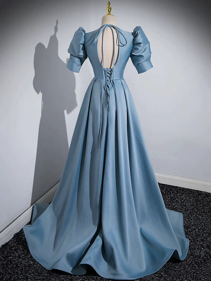 Blue Floor Length V-Neck Satin Prom Dress, Simple A-Line Evening Dress  TP275