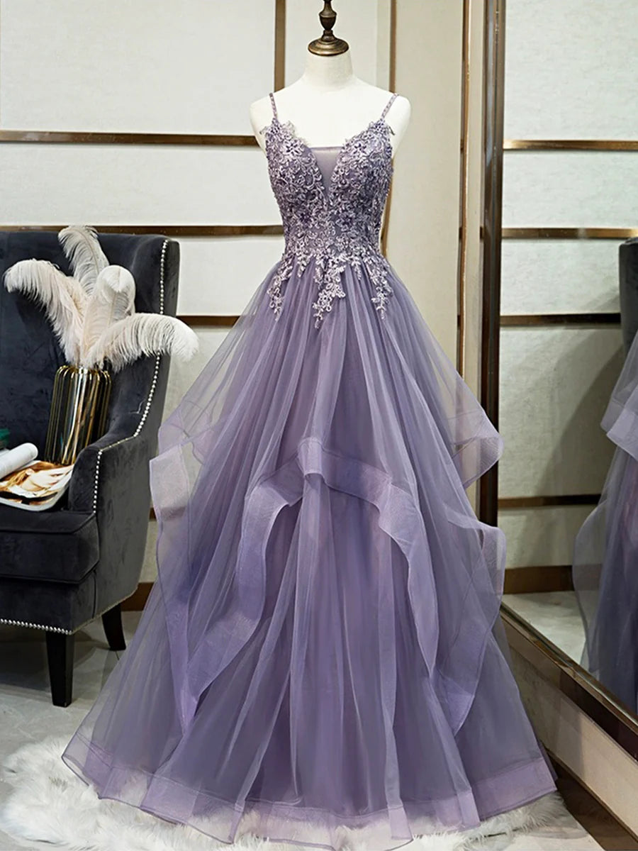 Purple Spaghetti Straps Lace Prom Dress, Lovely Tulle Corset Floor Length Evening Dress  TP276