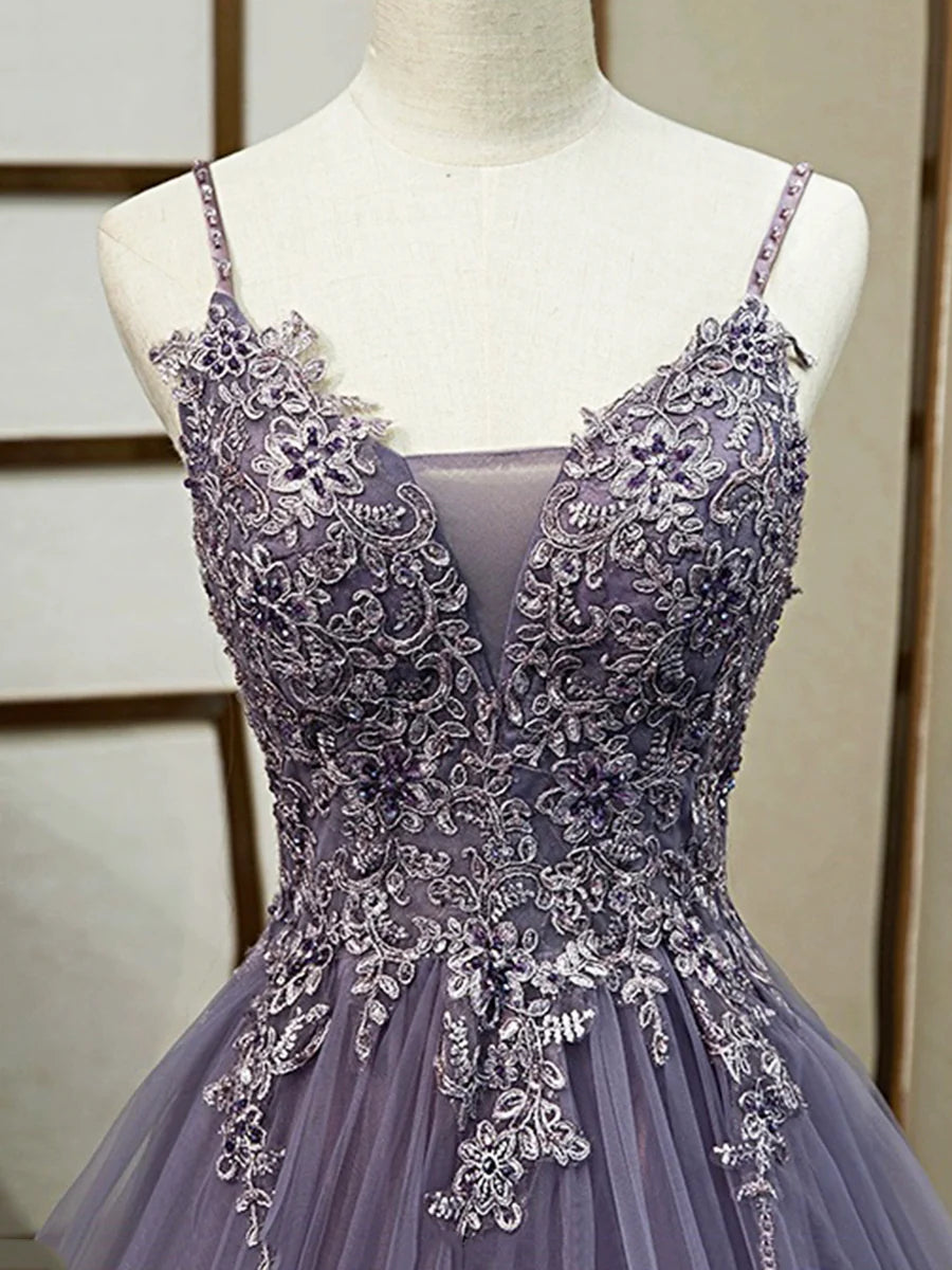 Purple Spaghetti Straps Lace Prom Dress, Lovely Tulle Corset Floor Length Evening Dress  TP276
