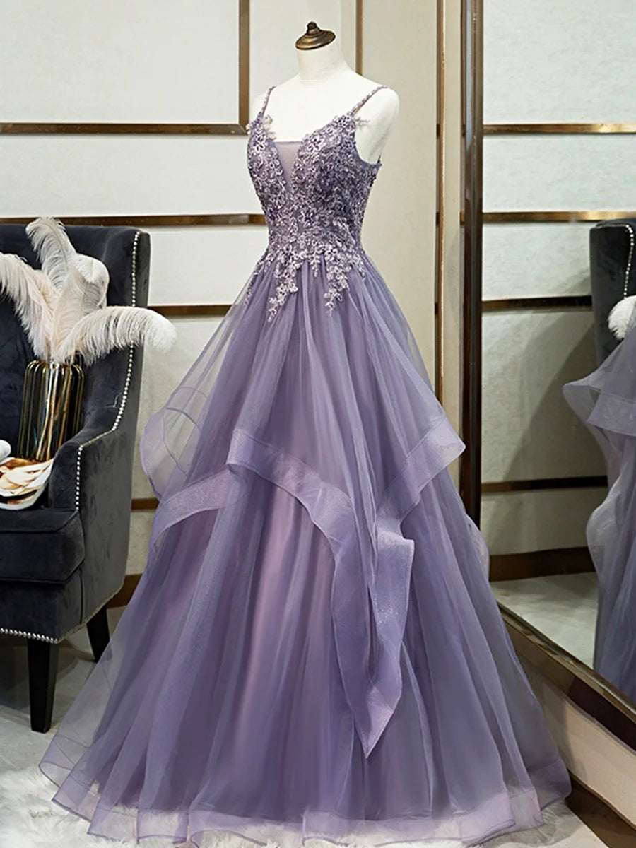 Purple Spaghetti Straps Lace Prom Dress, Lovely Tulle Corset Floor Length Evening Dress  TP276
