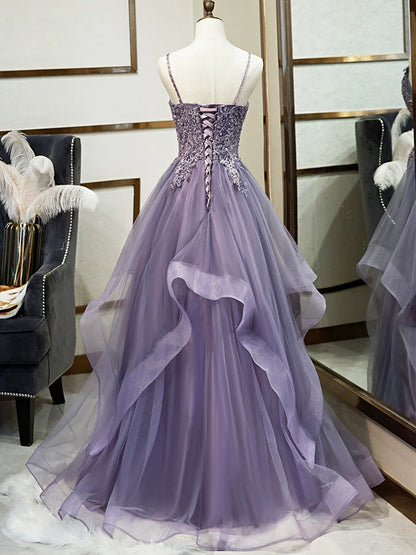 Purple Spaghetti Straps Lace Prom Dress, Lovely Tulle Corset Floor Length Evening Dress  TP276