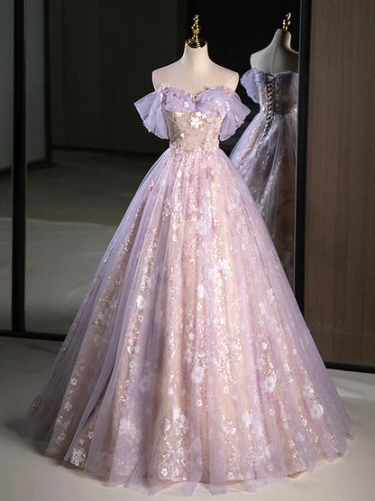 Purple A-Line Off the Shoulder Sequins Prom Dress, Lovely Tulle Corset Floor Length Evening Dress  TP277