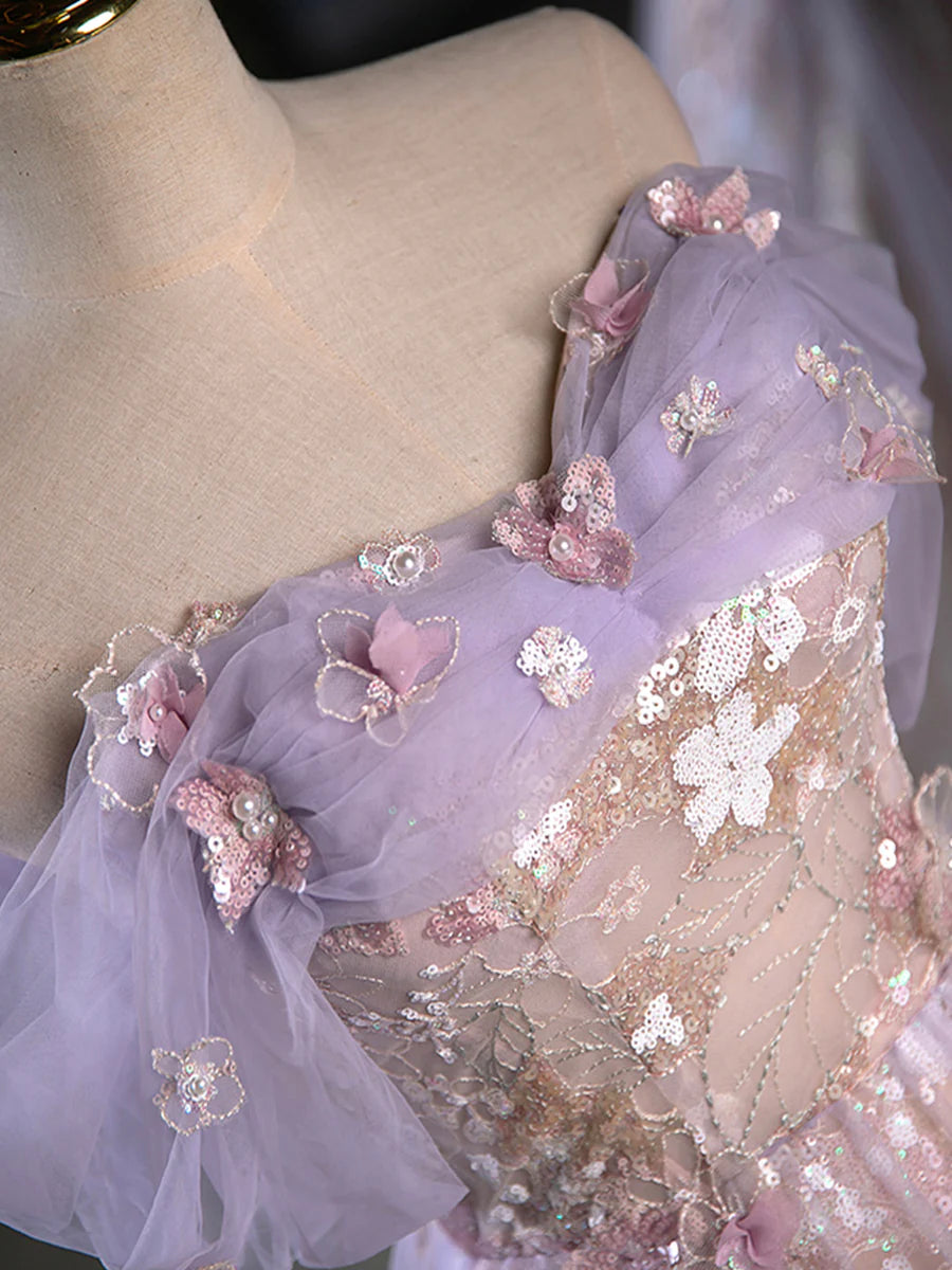 Purple A-Line Off the Shoulder Sequins Prom Dress, Lovely Tulle Corset Floor Length Evening Dress  TP277