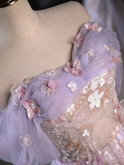 Purple A-Line Off the Shoulder Sequins Prom Dress, Lovely Tulle Corset Floor Length Evening Dress  TP277
