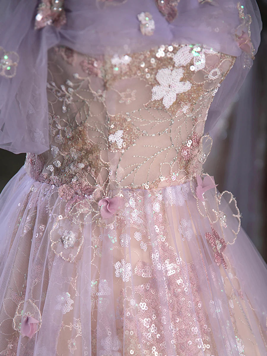 Purple A-Line Off the Shoulder Sequins Prom Dress, Lovely Tulle Corset Floor Length Evening Dress  TP277