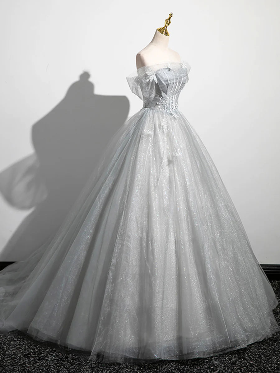 A-Line Off the Shoulder Sparkly Prom Dress, Gray Tulle Corset Floor Length Evening Dress  TP278