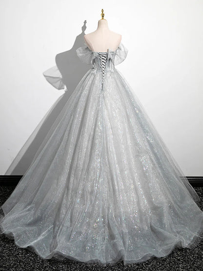A-Line Off the Shoulder Sparkly Prom Dress, Gray Tulle Corset Floor Length Evening Dress  TP278