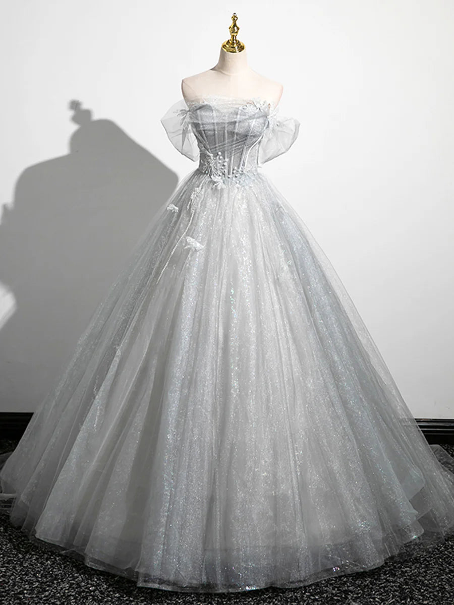 A-Line Off the Shoulder Sparkly Prom Dress, Gray Tulle Corset Floor Length Evening Dress  TP278