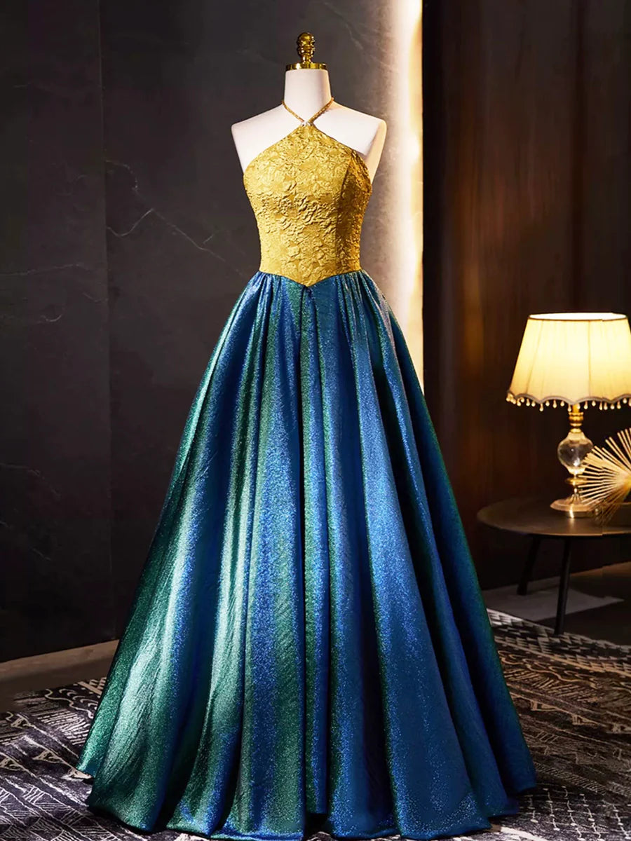 Retro Halter Neck Long Prom Dress, Elegant A-Line Evening Party Dress  TP279