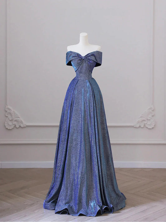 Shiny Off the Shoulder Floor Length Blue A-Line Prom Dress  TP282