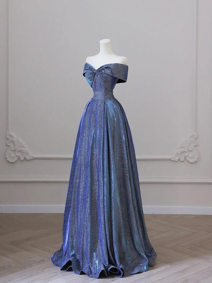 Shiny Off the Shoulder Floor Length Blue A-Line Prom Dress  TP282