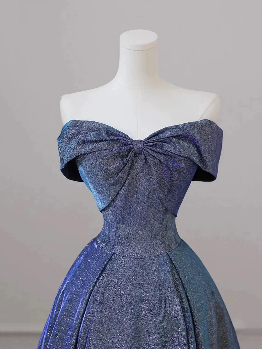 Shiny Off the Shoulder Floor Length Blue A-Line Prom Dress  TP282