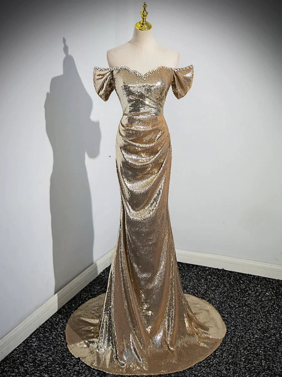 Gold Sequins Floor Length Prom Dress, Mermaid Off the Shoulder Evening Party Dress  TP283
