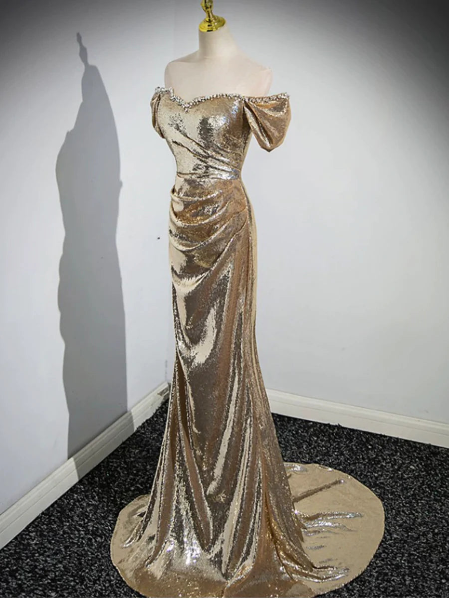 Gold Sequins Floor Length Prom Dress, Mermaid Off the Shoulder Evening Party Dress  TP283