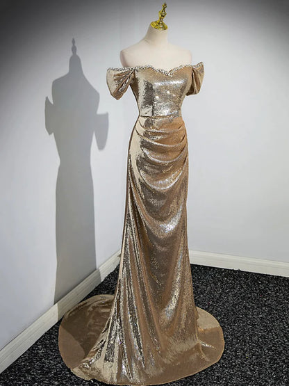 Gold Sequins Floor Length Prom Dress, Mermaid Off the Shoulder Evening Party Dress  TP283