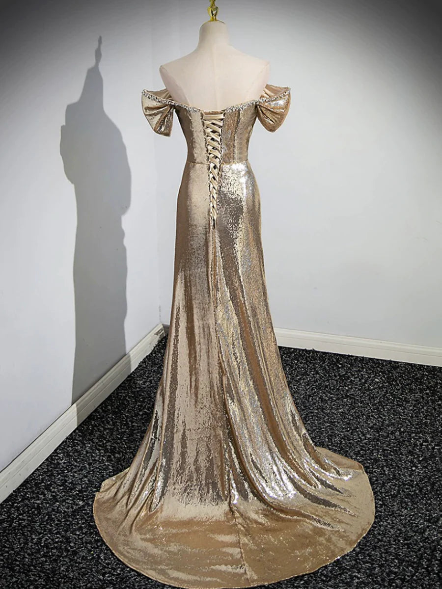 Gold Sequins Floor Length Prom Dress, Mermaid Off the Shoulder Evening Party Dress  TP283