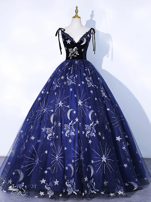 Navy Blue Tulle Long Prom Dress, Spaghetti Straps Lace Flower Backless Evening Dress  TP284