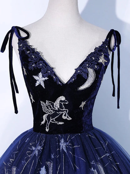 Navy Blue Tulle Long Prom Dress, Spaghetti Straps Lace Flower Backless Evening Dress  TP284