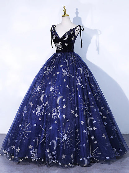 Navy Blue Tulle Long Prom Dress, Spaghetti Straps Lace Flower Backless Evening Dress  TP284