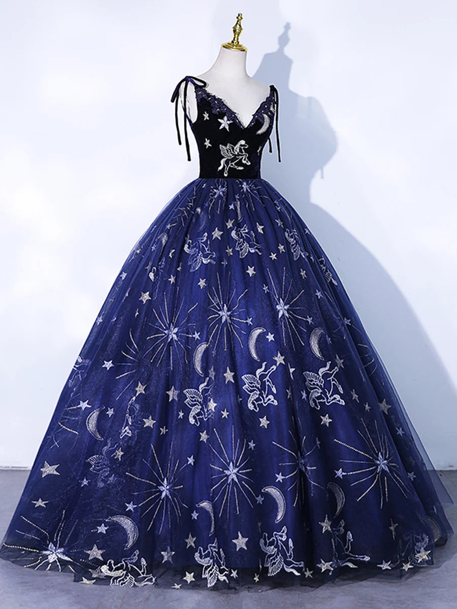 Navy Blue Tulle Long Prom Dress, Spaghetti Straps Lace Flower Backless Evening Dress  TP284