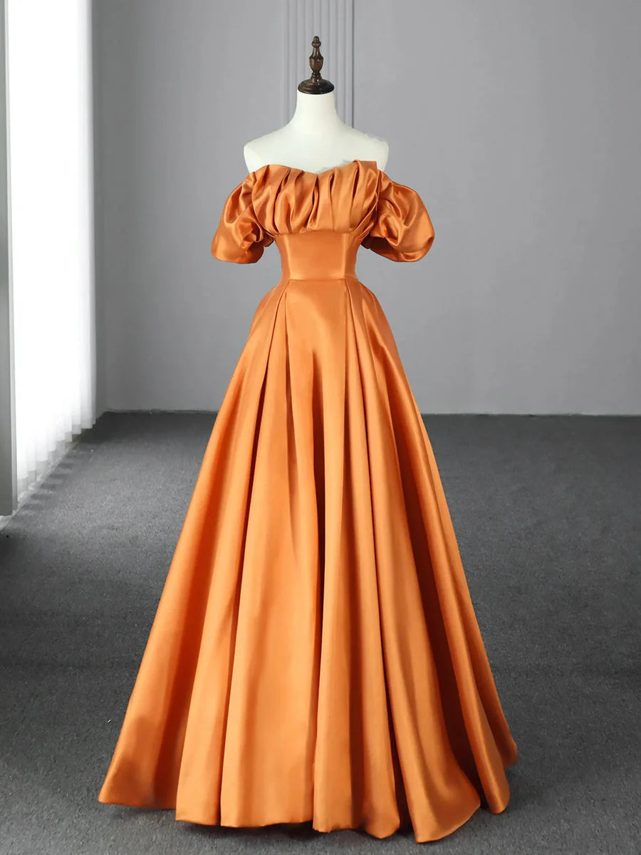 Orange Floor Length Satin Long Prom Dress, Off the Shoulder Evening Party Dress  TP285