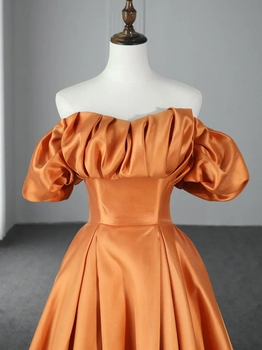 Orange Floor Length Satin Long Prom Dress, Off the Shoulder Evening Party Dress  TP285