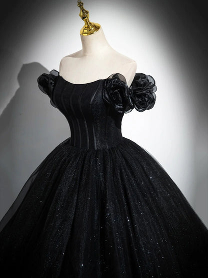 Sparkly Tulle Black Sweetheart Ball Gown, A-Line Off the Shoulder Evening Dress  TP288