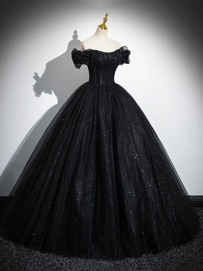 Sparkly Tulle Black Sweetheart Ball Gown, A-Line Off the Shoulder Evening Dress  TP288