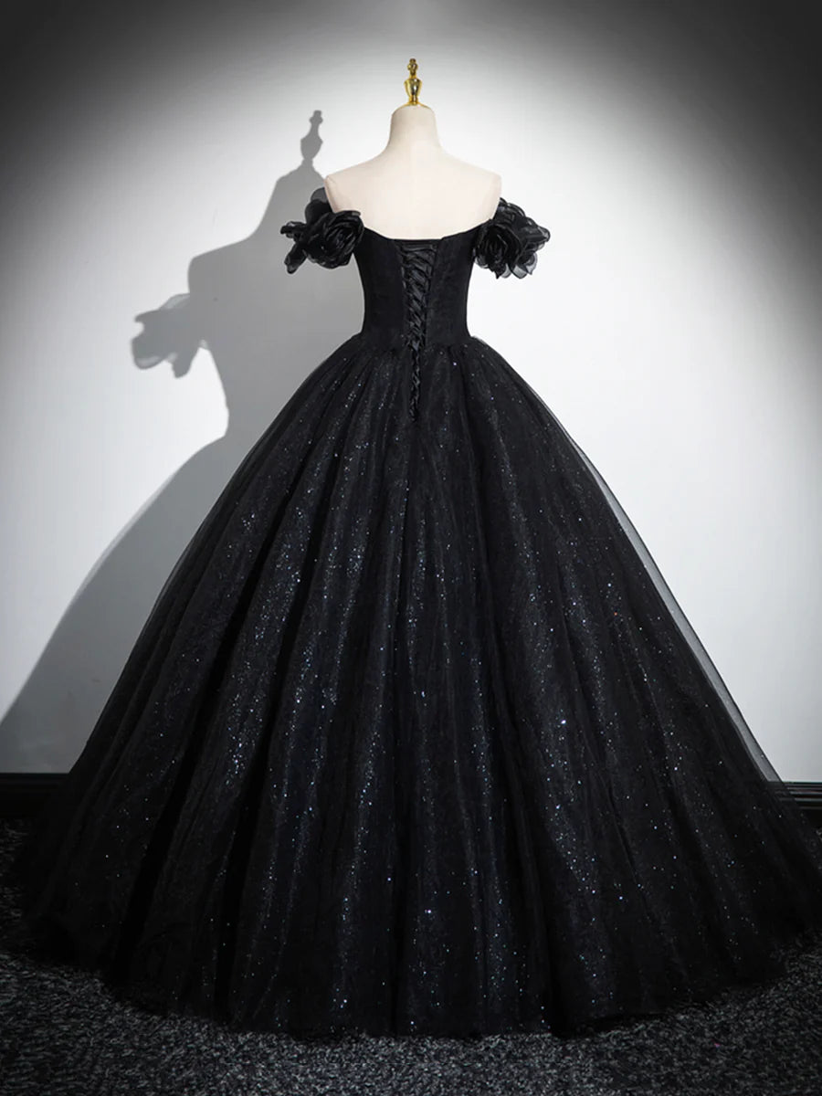 Sparkly Tulle Black Sweetheart Ball Gown, A-Line Off the Shoulder Evening Dress  TP288