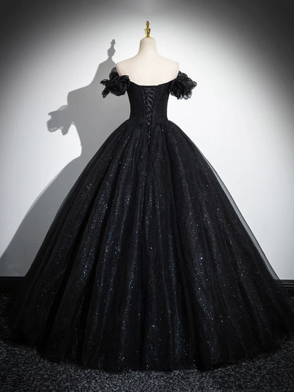 Sparkly Tulle Black Sweetheart Ball Gown, A-Line Off the Shoulder Evening Dress  TP288