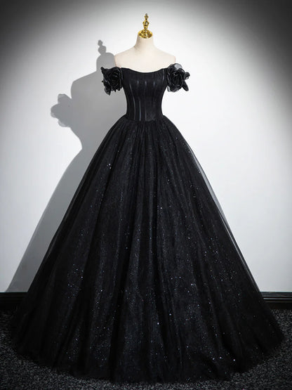 Sparkly Tulle Black Sweetheart Ball Gown, A-Line Off the Shoulder Evening Dress  TP288