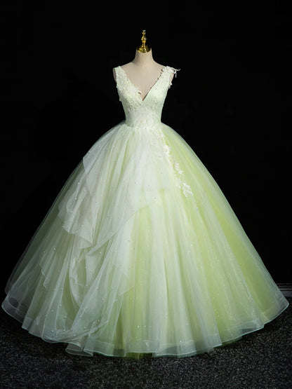Green V-Neck Tulle Lace Long Prom Dress, A-Line Sleeveless Evening Dress  TP289