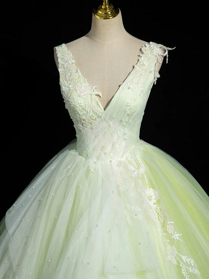 Green V-Neck Tulle Lace Long Prom Dress, A-Line Sleeveless Evening Dress  TP289
