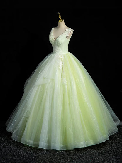 Green V-Neck Tulle Lace Long Prom Dress, A-Line Sleeveless Evening Dress  TP289