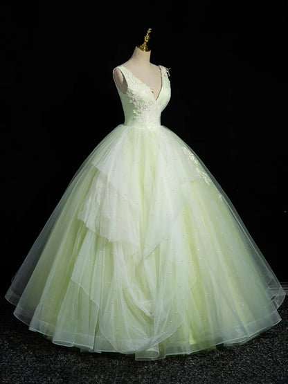 Green V-Neck Tulle Lace Long Prom Dress, A-Line Sleeveless Evening Dress  TP289