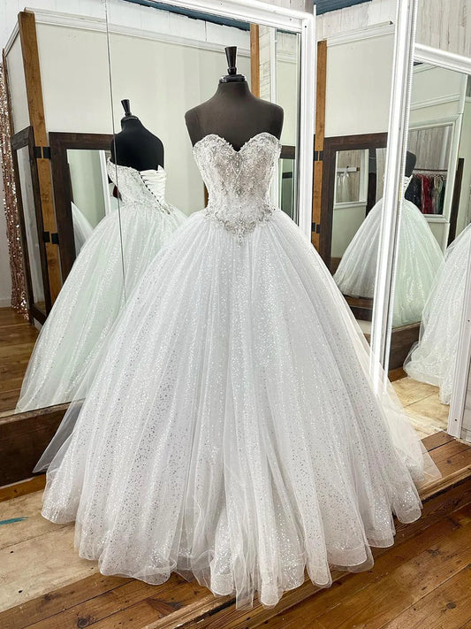Gorgeous White Handmade Beading Sequins Ball Gown, Strapless Sleeveless Backless Formal Dress  TP290