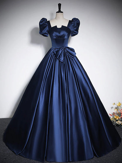 Elegant Blue Satin Floor-Length Prom Dresses, Square Neckline Puffy Short Sleeve Bow Formal Dresses  TP291