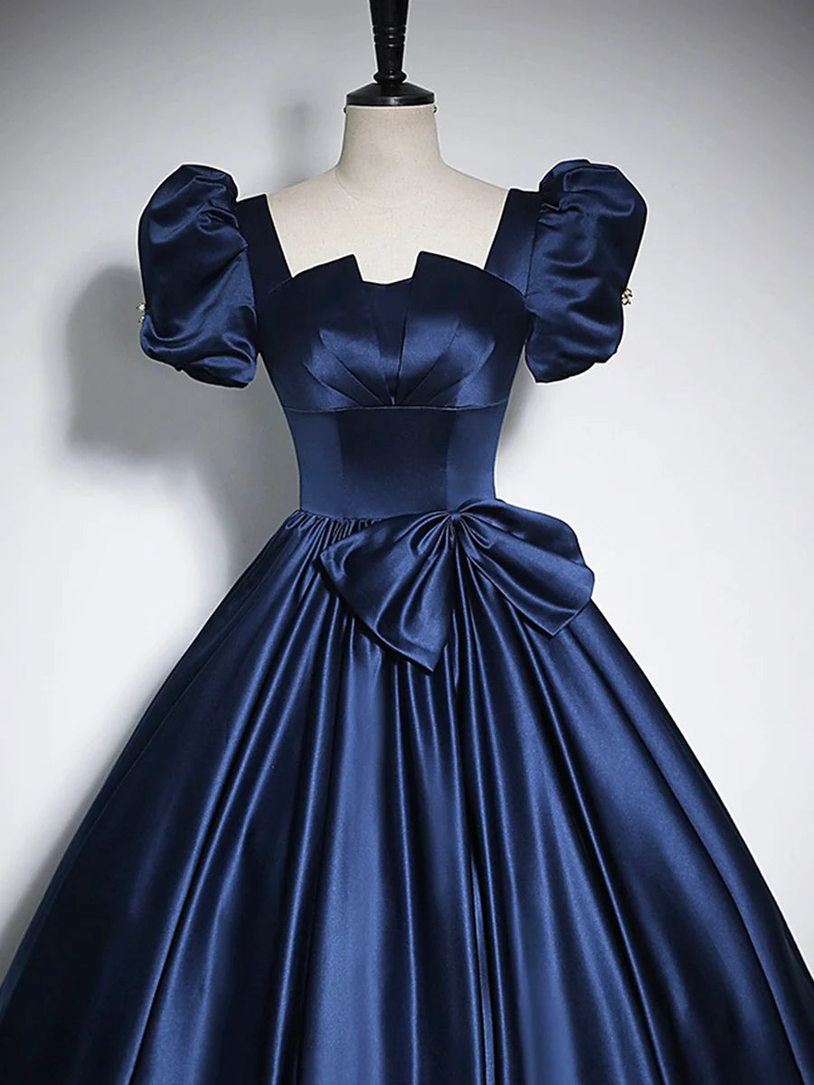 Elegant Blue Satin Floor-Length Prom Dresses, Square Neckline Puffy Short Sleeve Bow Formal Dresses  TP291