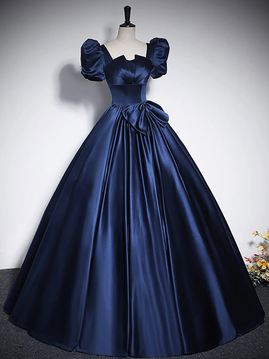 Elegant Blue Satin Floor-Length Prom Dresses, Square Neckline Puffy Short Sleeve Bow Formal Dresses  TP291